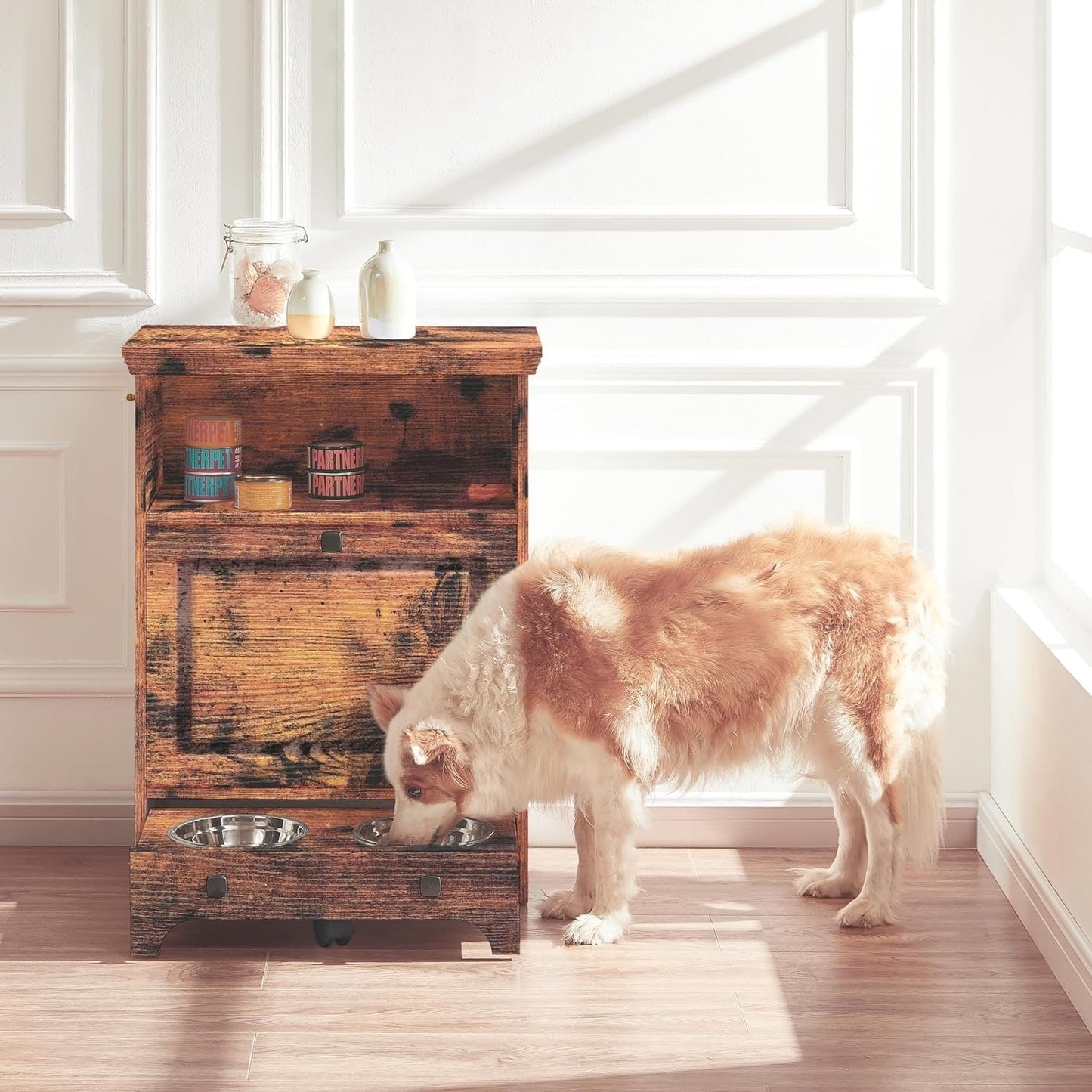 Station d'alimentation pour chiens Roomfitters avec 2 gamelles surélevées et armoire d'alimentation inclinable pour animaux de compagnie