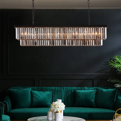 Lustre contemporain en cristal gris fumé et noir de 47 po, luminaire suspendu linéaire à deux niveaux pour îlot de cuisine et salle à manger