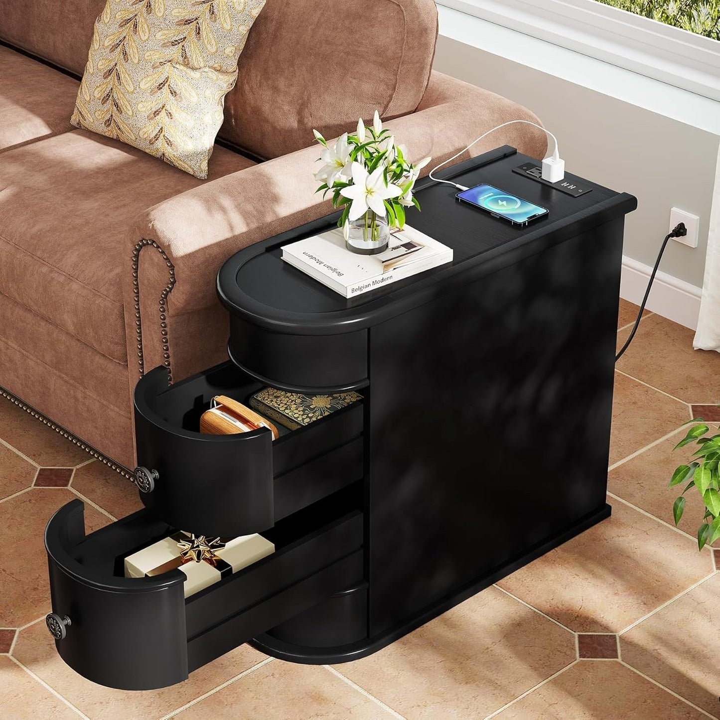 Table d'appoint étroite à deux tiroirs en bois massif