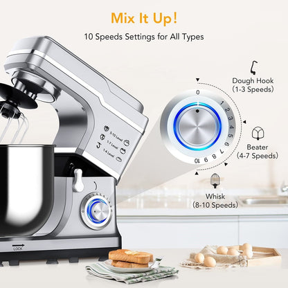 Stand Mixer - 7.5QT Capacity, 10-Speed Settings, 660W Motor
