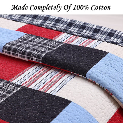 Thomas Firetruck Blue Red Plaid Patchwork Queen Quilt Bedding Set