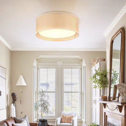 WINGBO Modern 3-Light Flush Mount Ceiling Light Fixture with Rattan & Fabric Double Drum Shade