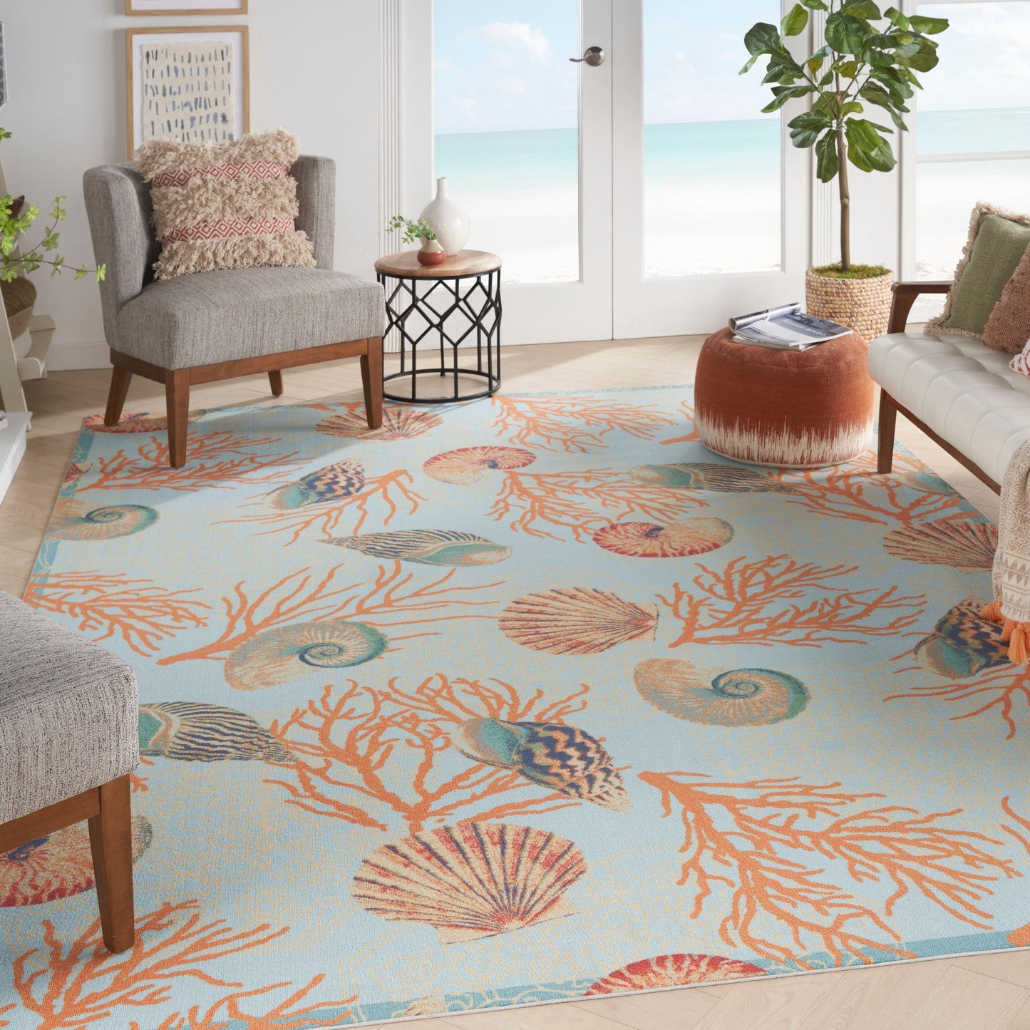 Waverly Sun & Shade Shore Thing Tropical Sea Shell Floral Indoor Outdoor Area Rug